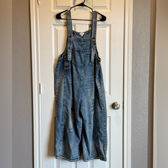 Easel Stone Wash Wide Leg Overalls (Washed Denim) Size Small - Picture 2 of 5